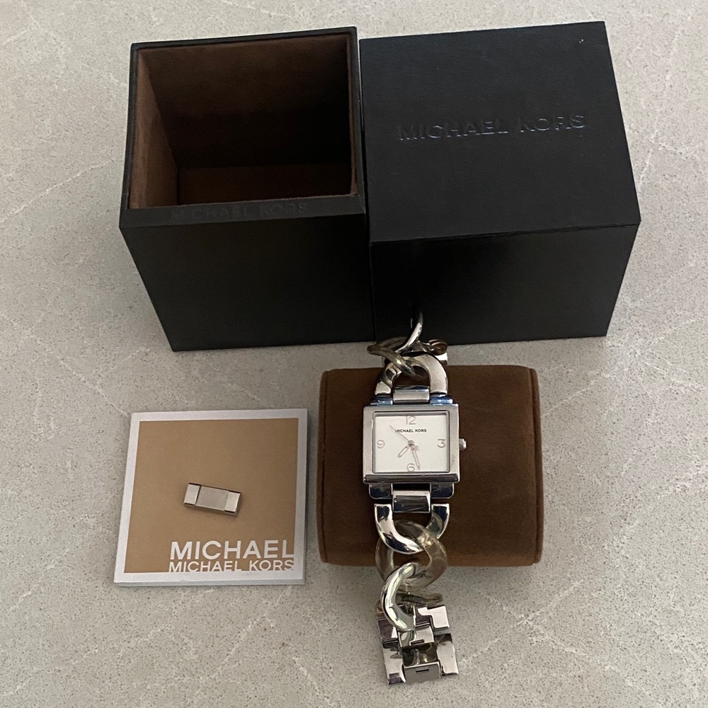 Michael Kors Silver and White Square Watch